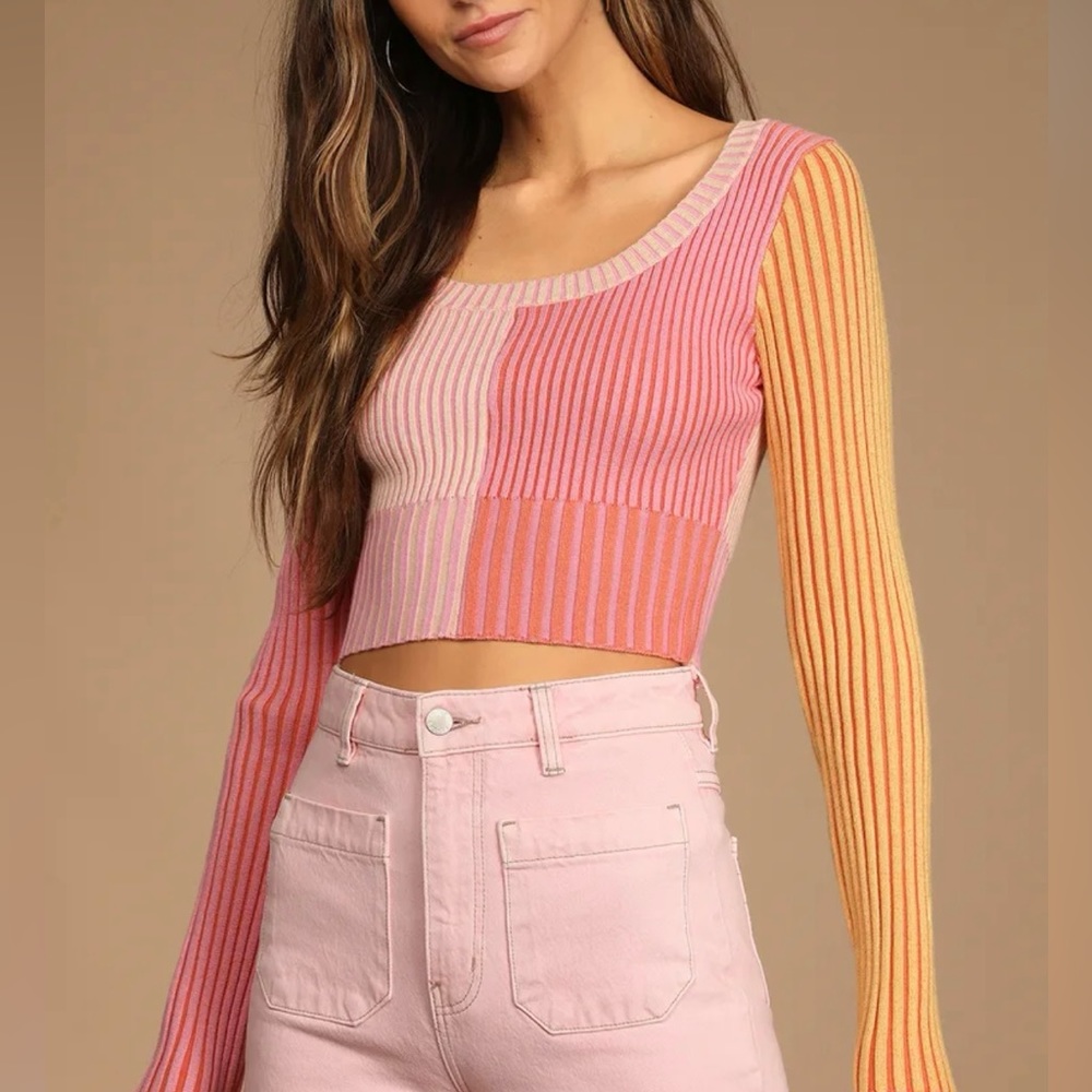 Meant to be Mod Pink Color Block Ribbed Long Sleeve Crop Top
